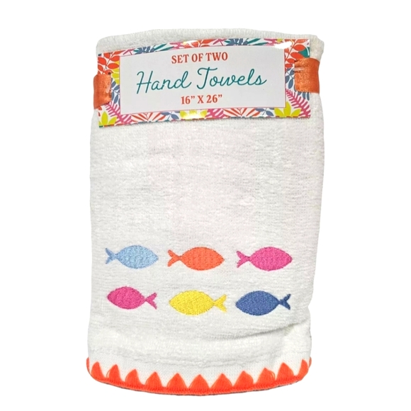 2pc School of Colorful Fish Bath Hand Towels  Embroidered Striped New - Picture 1 of 4